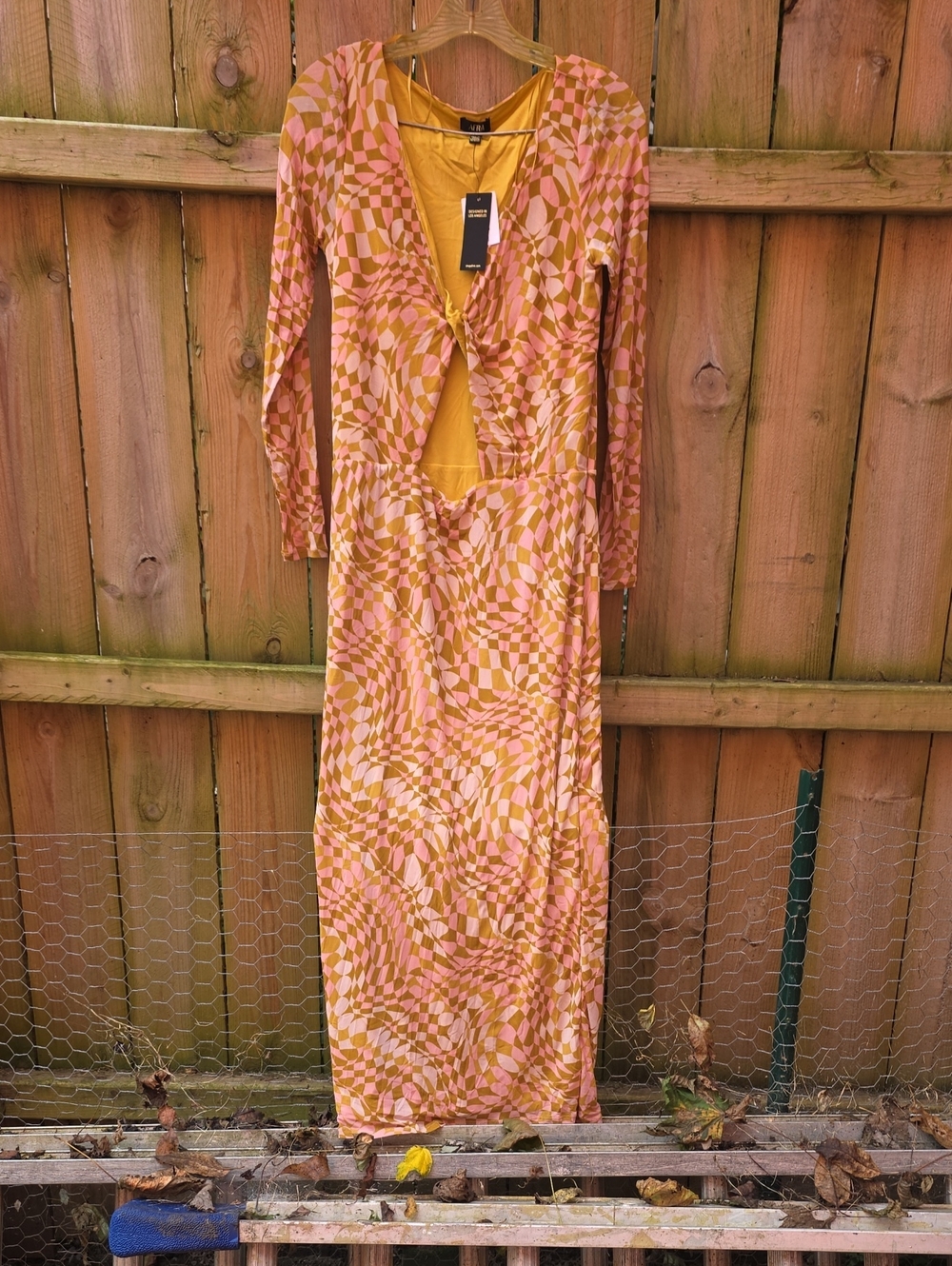 Pink and Mustard Twist-Front Long Sleeve Maxi Dress